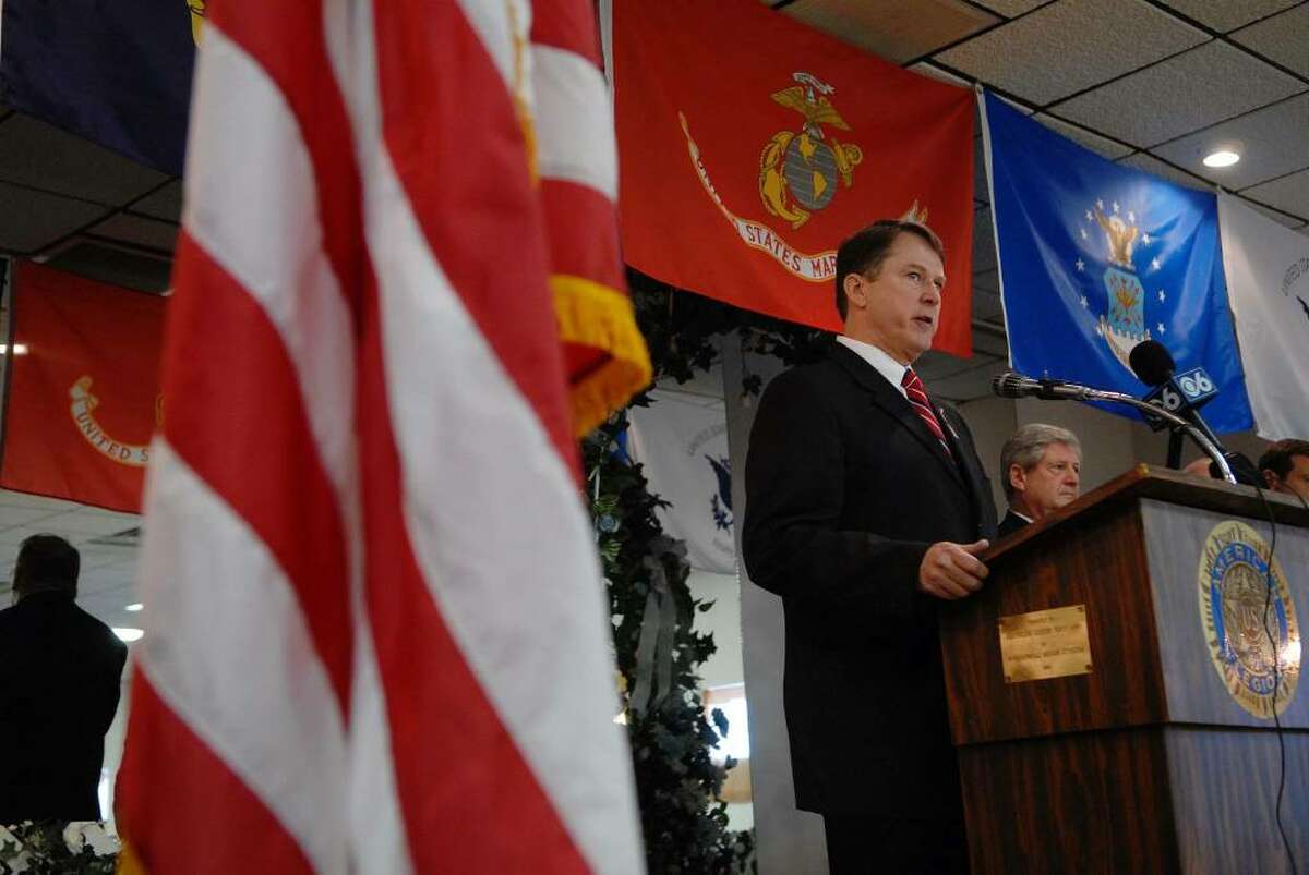 Former Congressman Michael McNulty addresses those gathered during a medals ceremony at American Legion Post 1489 in Wynantskill, NY on Sunday, Nov. 8, 2009. A free breakfast for all veterans and their families preceded the medals ceremony where 23 veterans received military awards and decorations for their service in the armed forces during conflict. (Paul Buckowski / Times Union)