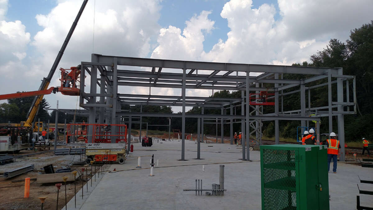 Steel beams that ironworkers recently erected start to form the lobby area of the future, Alton Regional Multi-Modal Transportation Center at the former Robert P. Wadlow Municipal Golf Course. The view is facing west.