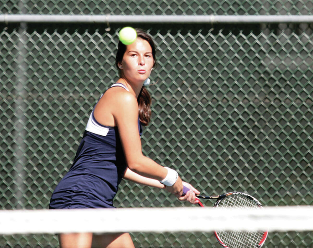 Jersey’s Hailea Tepen (above) will be among the girls tennis players on the courts this weekend when championships will be decided in the Southwestern, Mississippi Valley and South Central conferences. The SWC Tourney is Friday and Saturday at Edwardsville, while the MVC goes Friday and Saturday in Troy. The one-day SCC tourney is set for Saturday in Greenville.