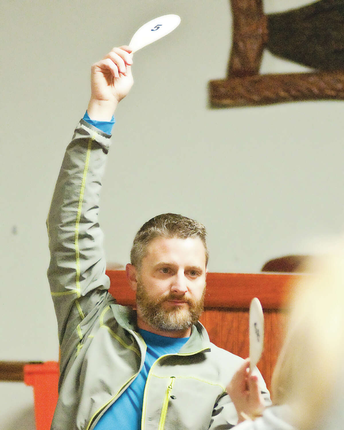 Jeremy Dorris was one of several people that came out to the Alton VFW on Saturday evening to help support Lewis and Clark Elementary School. He paid $10 for his paddle and made bids on several different items throughout the night.
