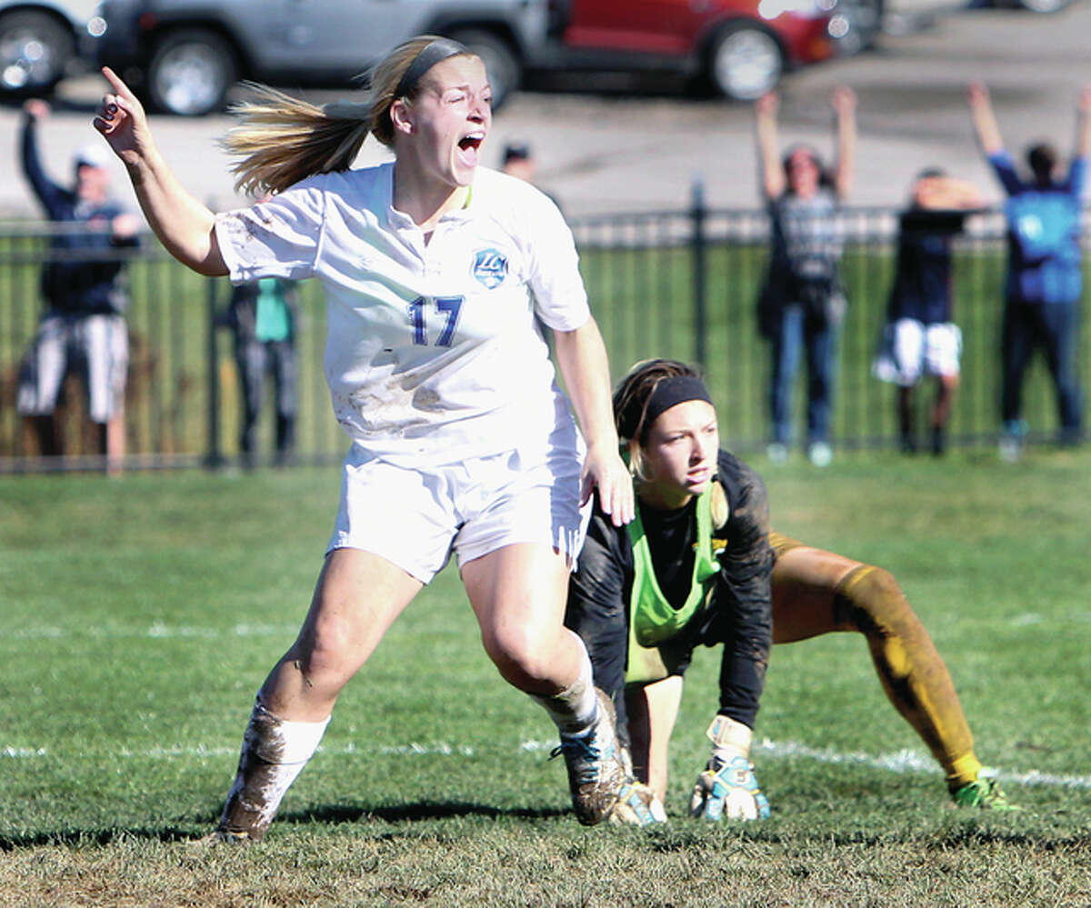 LCCC’s Samantha Fennessey (17) celebrates after scoring the only goal of Sunday’s 1-0 victory over Parkland as Cobras goalie Jenna Ashley looks to the sideline.