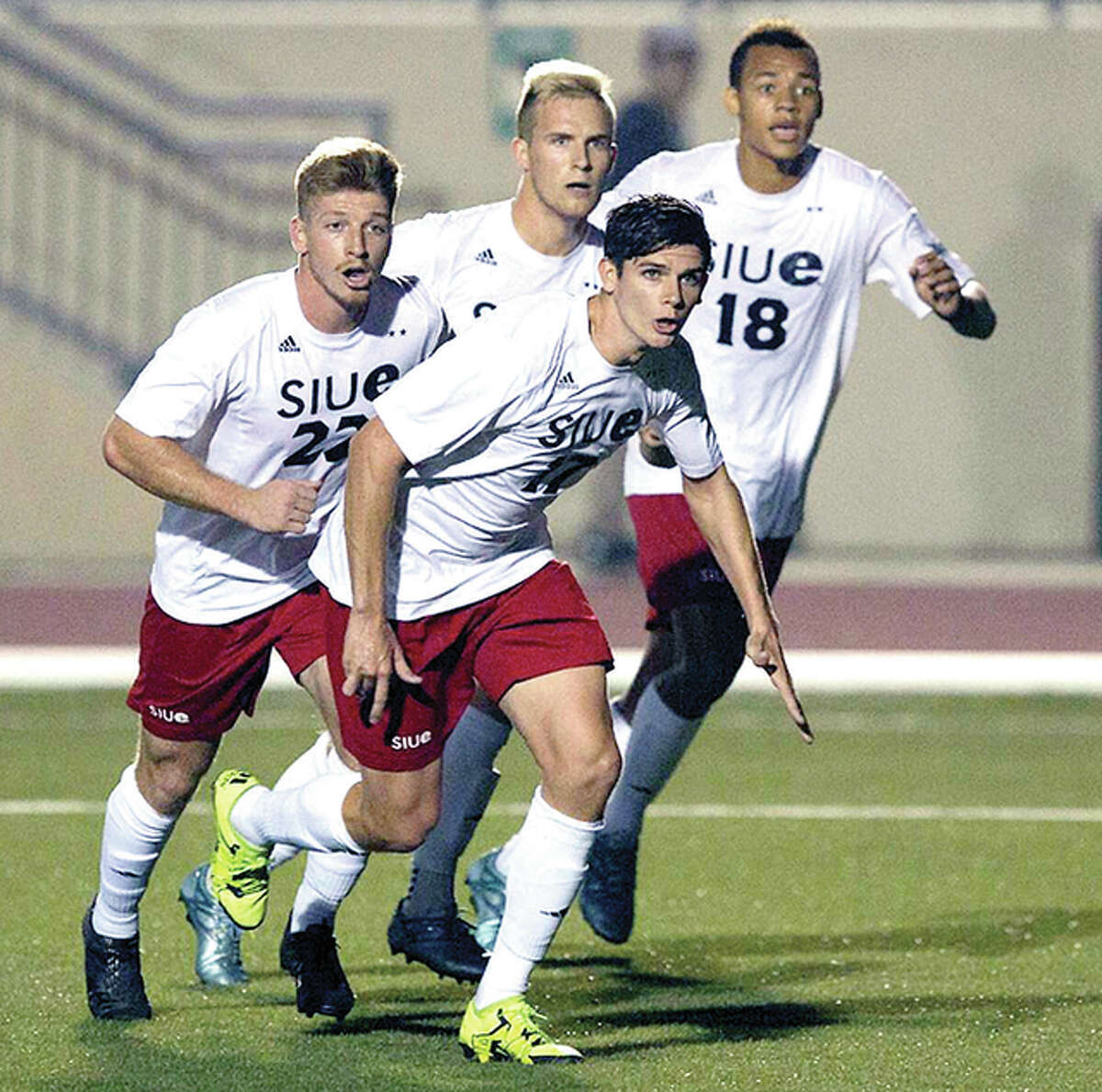From left, SIUE’s Brett Lane (22), Austin Ledbetter (back), Paul Scheipeter (17) and Devyn Jambga keep their eyes on a corner kick in a recent Cougars game at Korte Stadium. SIUE will face Loyola at 6 p.m. Friday in a semifinal game of the Missouri Valley Conference Tournament at Korte Stadium. The winner will advance to Sunday afternoon’s championship match.