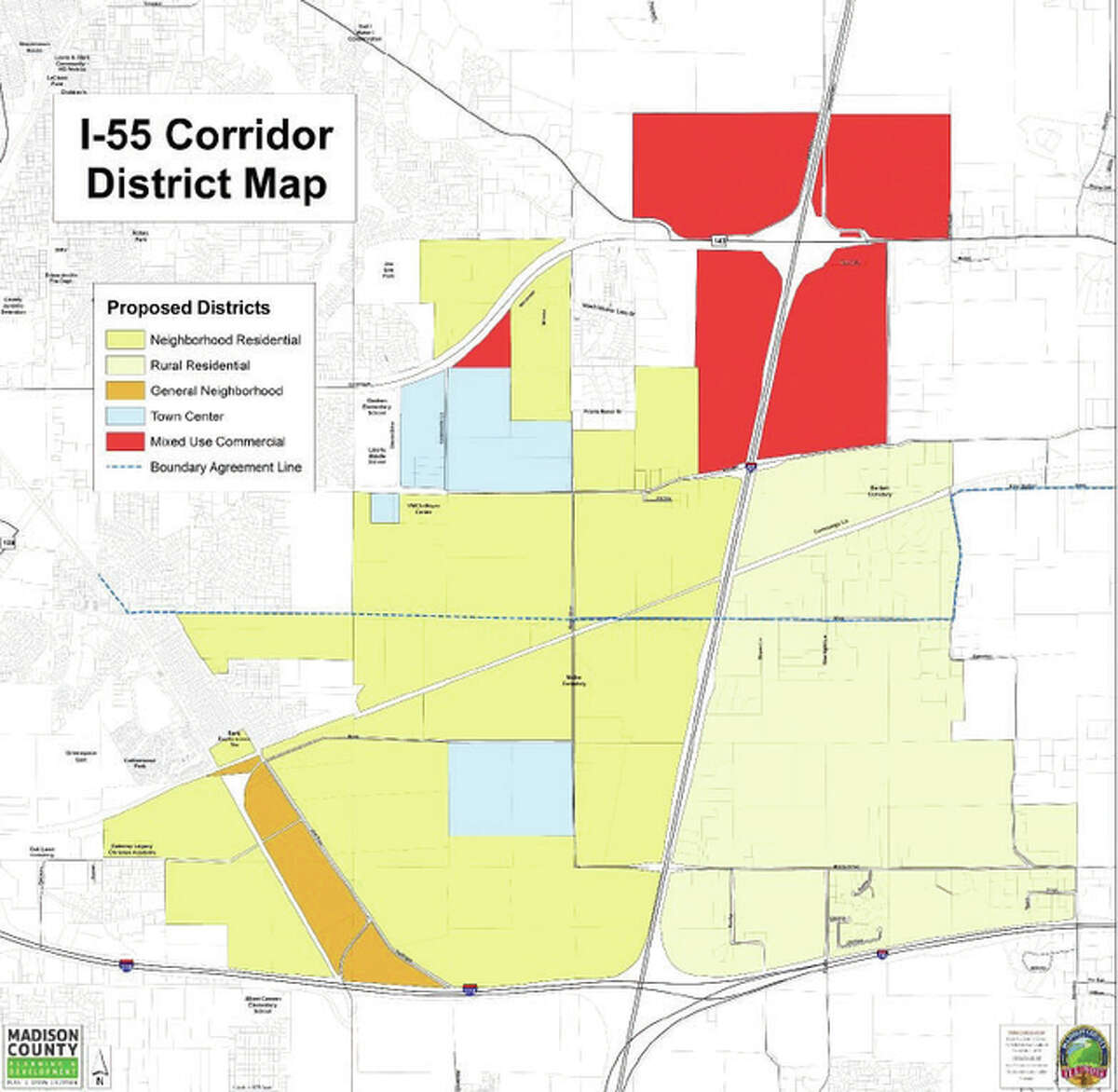 The I-55 Corridor map outlines areas for residential, town center and mixed-use commercial districts.