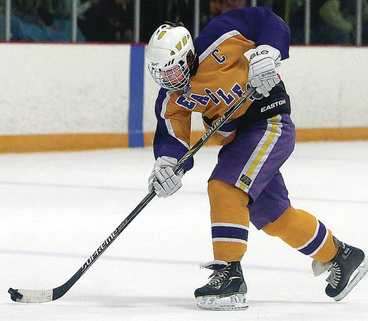 Bethalto captain Jacoby Robinson takes a shot in a recent MVCHA game at the East Alton Ice Arena. He and his teammates completed a sweep of Granite City with a 4-2 win Tuesday.