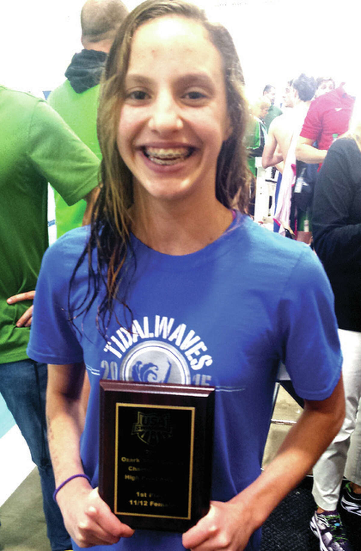 TCAY Tidwaves swimmer Eleni Kotzamanis captured the high-point award for her age group in the Ozark ‘A’ Championship meet at the Chuck Fruit Aquatic Center in Edwardsville