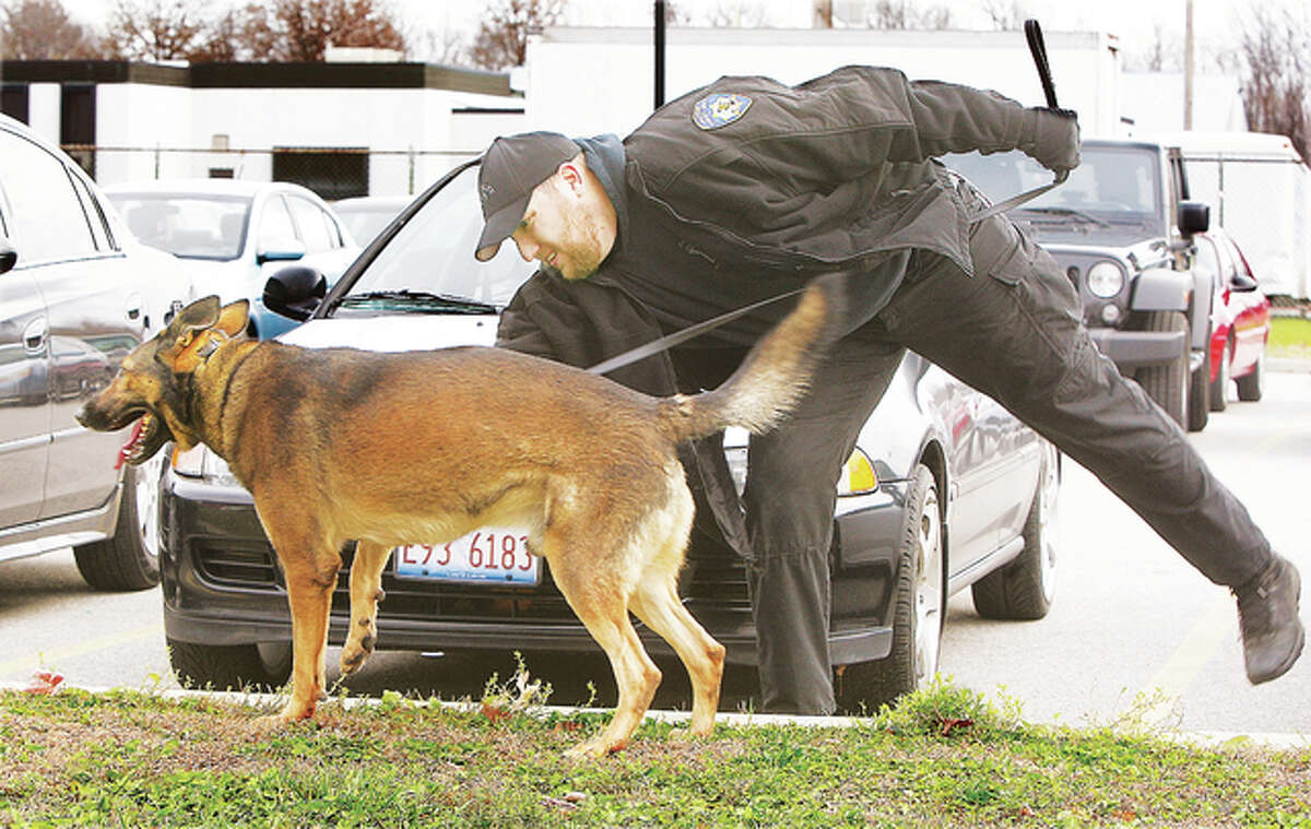 Alton Police officer Brian Brenner works with his canine partner Kenzo Wednesday on a student parking lot at Roxana High School where an annual drug sweep was underway. At least 19 police officers, most of them canine units, searched the high school and student parking lots as the students remained on lockdown inside the school. Officers thought briefly that there was a drug hit on a second floor locker but for the third straight year the school property turned out to be drug free.