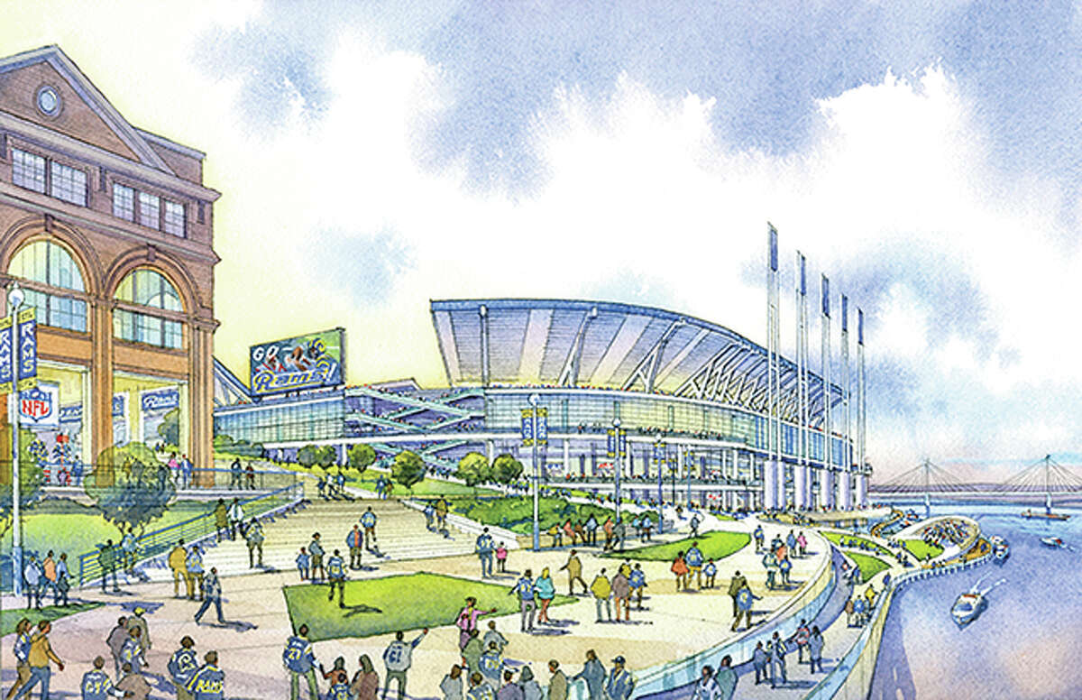 An artist’s rendering of the proposed new stadium for the St. Louis Rams. It would be constructed on the St. Louis Riverfront north of the Gateway Arch. On Thursday, a committee of St. Louis city aldermen approved a financing plan for a new $1 billion stadium.