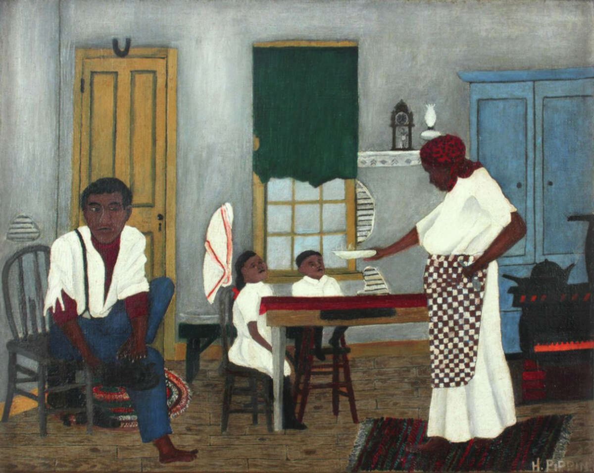 Horace Pippin, American, 1888-1946; “Sunday Morning Breakfast,” 1943; oil on fabric; 16 x 20 inches; Saint Louis Art Museum, Museum Funds; Friends Fund; Bequest of Marie Setz Hertslet, Museum Purchase, Eliza McMillan Trust, and Gift of Mrs. Carll Tucker, by exchange 164:2015.