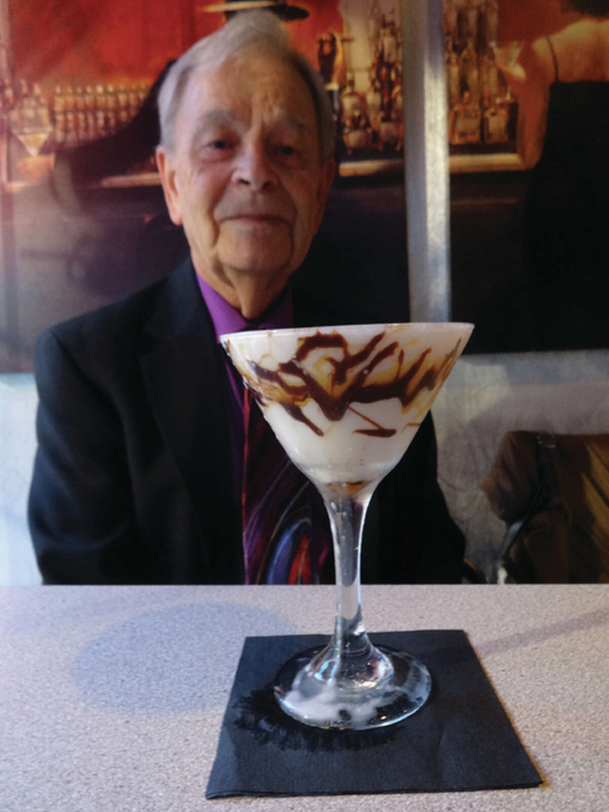 Bob Hunter, of Bethalto, anticipating drinking his once-a-week martini and No. 22, “A Streetcar Name Desire,” on Chez Marilyn restaurant and cocktail lounge’s list of 30 martinis.