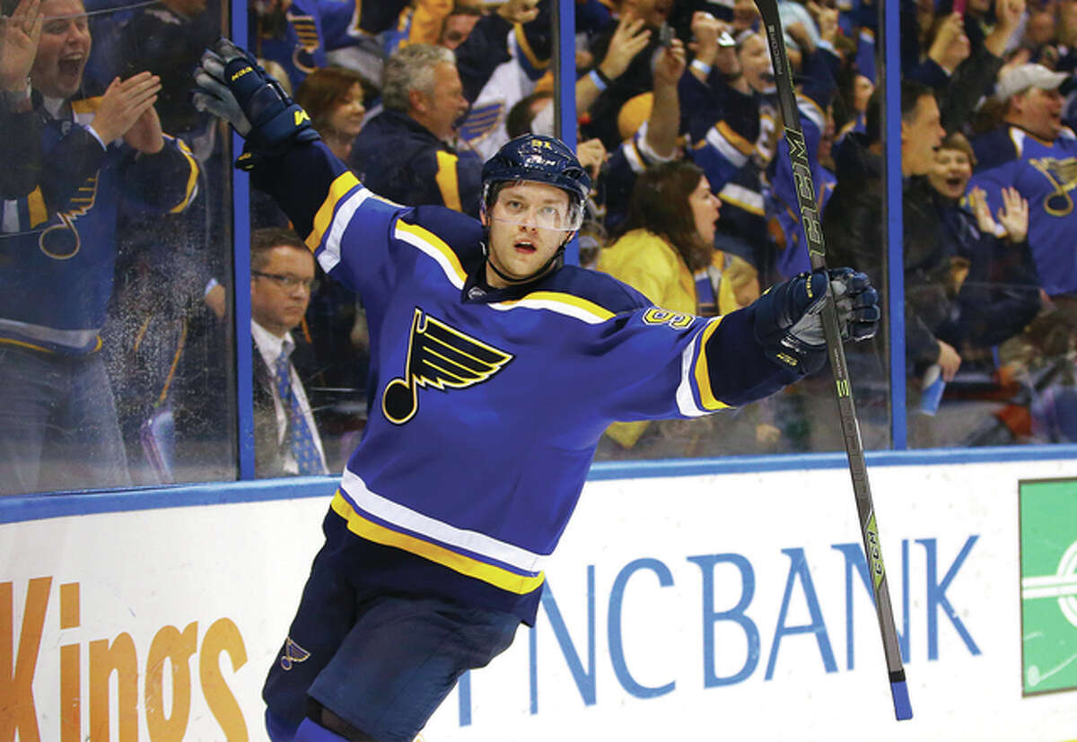 The Blues’ Vladimir Tarasenko, shown reacting after scoring a goal against Colorado last Sunday, extended his goal streak to five games in a row Saturday in a win over Calgary.