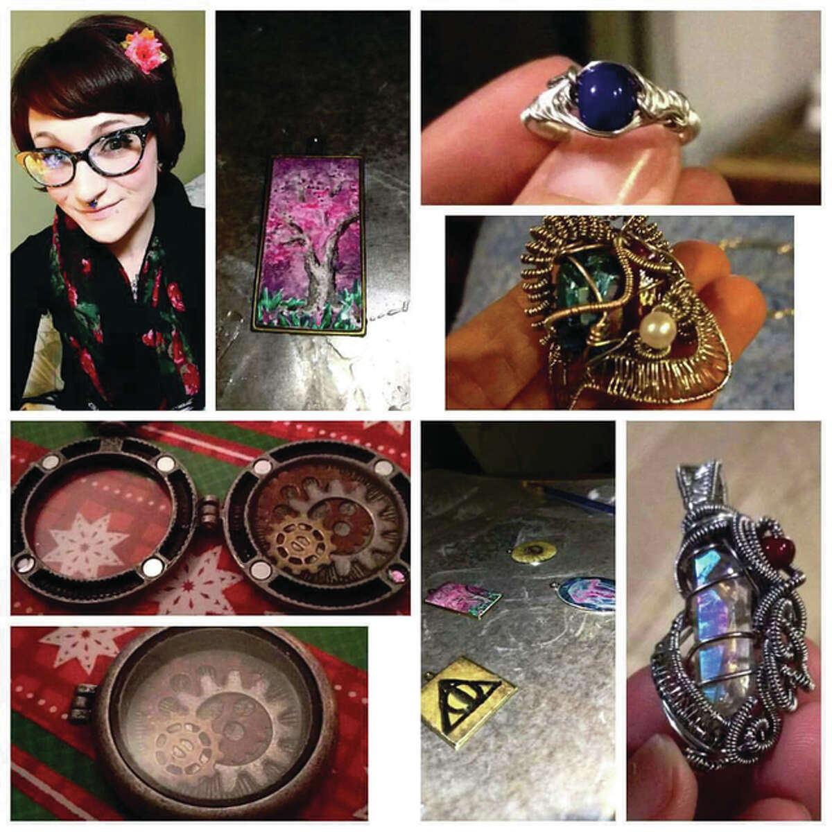 East Alton artist Ciera Strebler pictured in top left corner among images of some of her resin and wire-wrapped jewelry.