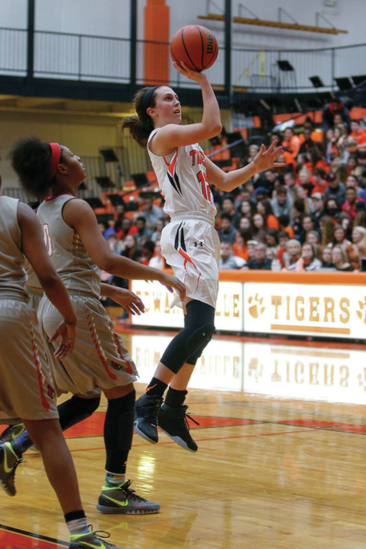 Edwardsville’s Makenzie Silvey puts up a shot for two of her game-high 21 points Friday night in Edwardsville,
