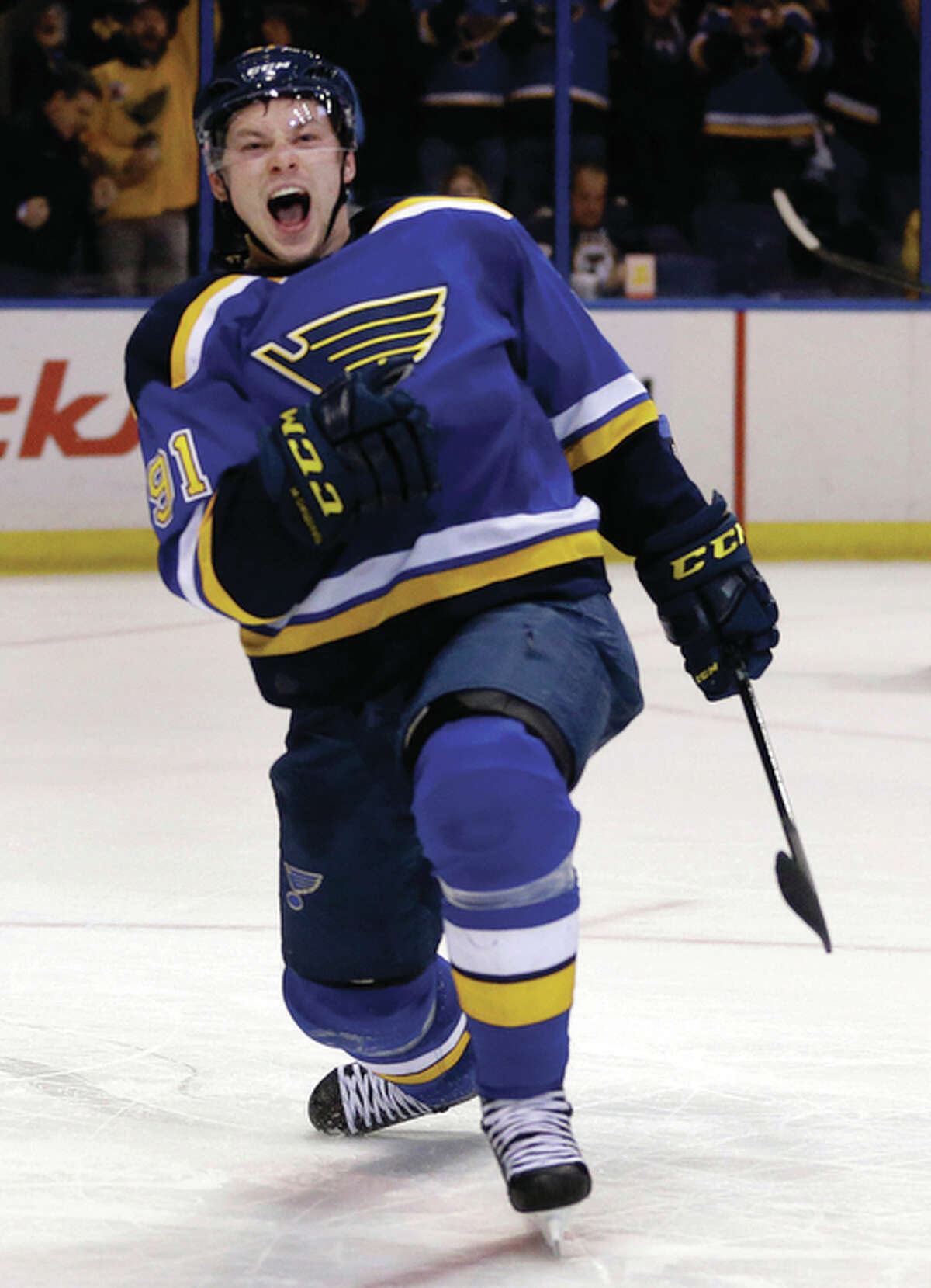 The Blues’ Vladimir Tarasenko reacts after scoring during the second period Monday night against the Pittsburgh Penguins in St. Louis.
