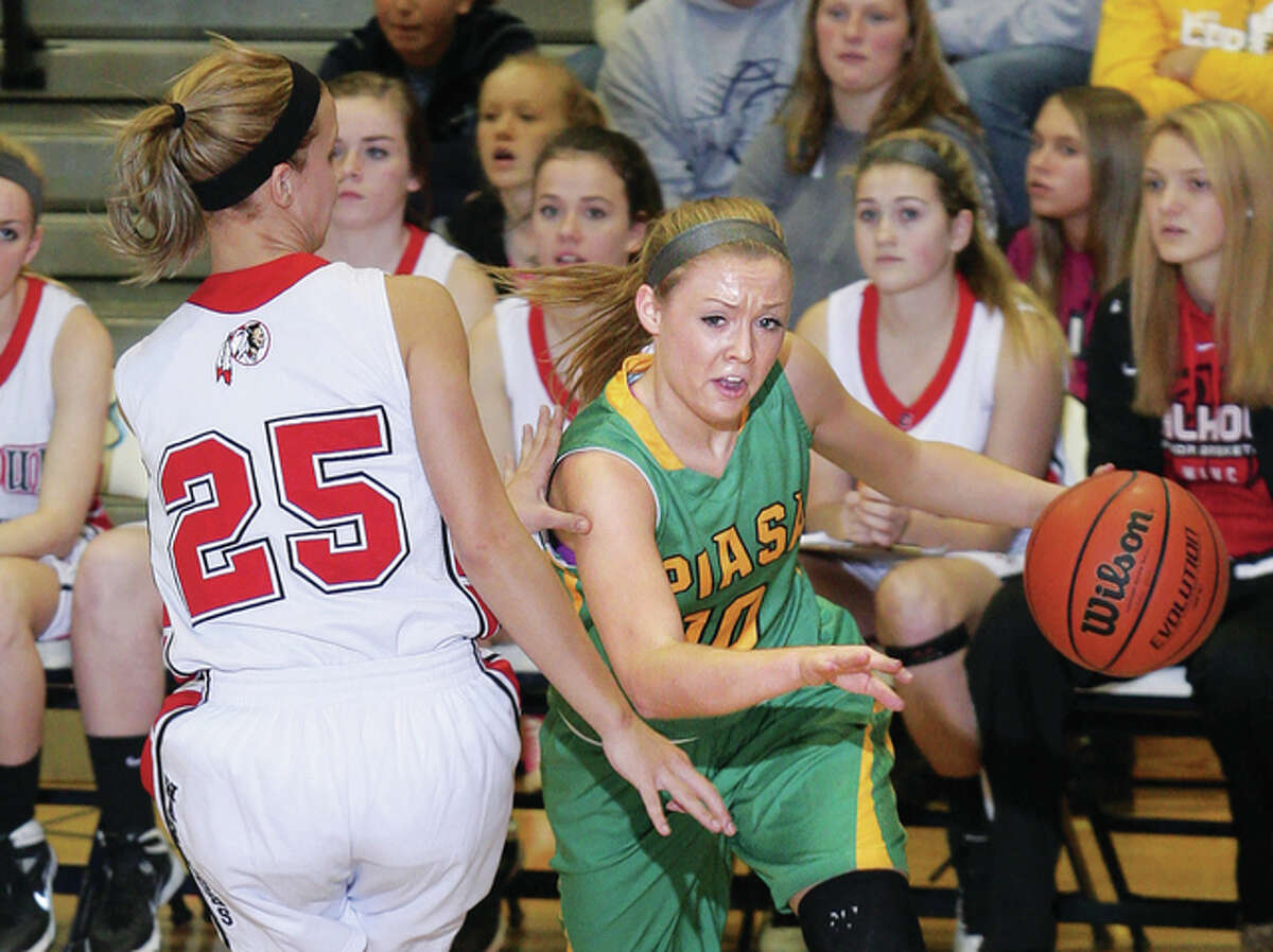 Southwestern’s Maddy Greeling, at right in action earlier this season, scored 20 of her game-high 28 points in the second half of her team’s 58-55 victory over Hillsboro Thursday night in Hillsboro.