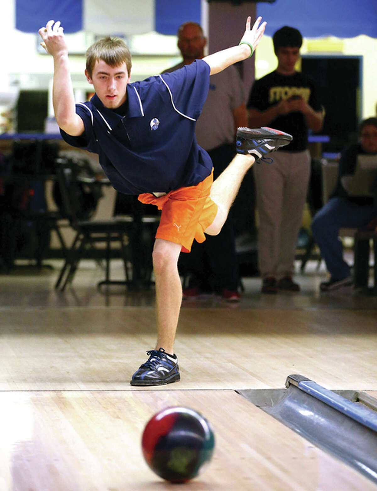Jersey’s Jacob Freand had 1,343 pins Friday and helped his team advance to Saturday’s finals at the two-day IHSA Boys State Bowling Tournament in O’Fallon. Jeff Gump led Jersey with a 1,366 score.