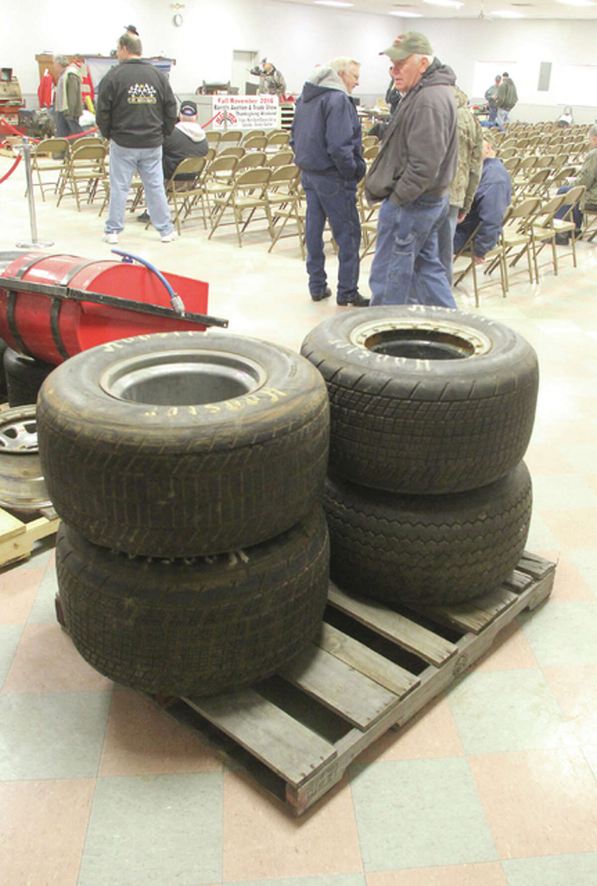 A set of racing tires was among more than 700 separate lots of items offered at a racer’s auction Saturday at Hilltop Auction.