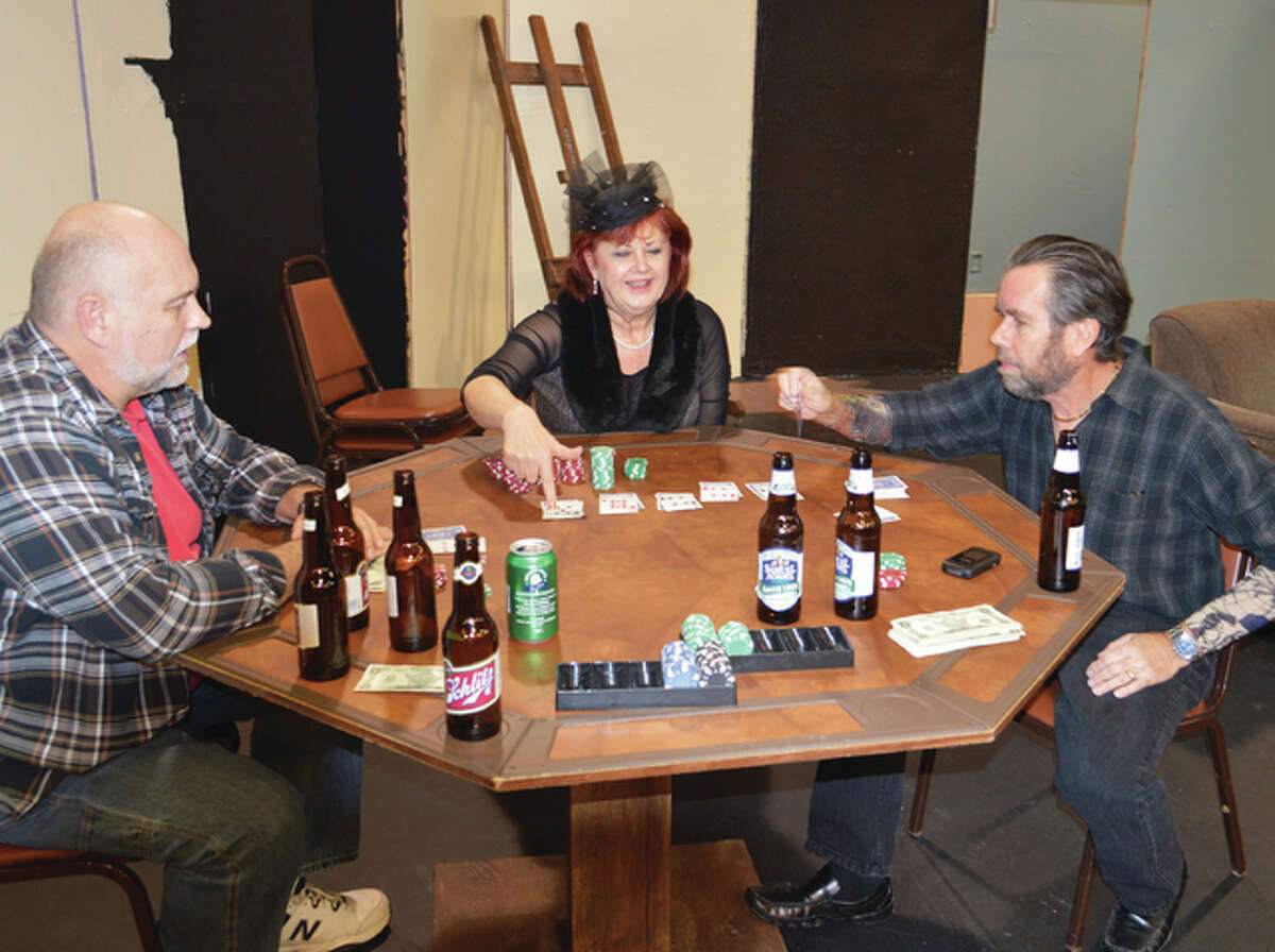 Kevin Frakes (Harry), left, Lee Cox (Kathleen) and Lief Anderson (Jumbo) playing a game of “Blackjack 22” in the upcoming Alton Little Theater production of “Panache.”