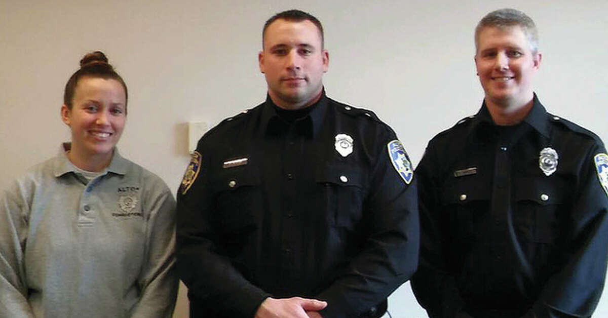 Pictured are the newest members of the Alton Police Department, from left, corrections officer Trista Cook, officer Ryan Parker and officer Robert DeWall.
