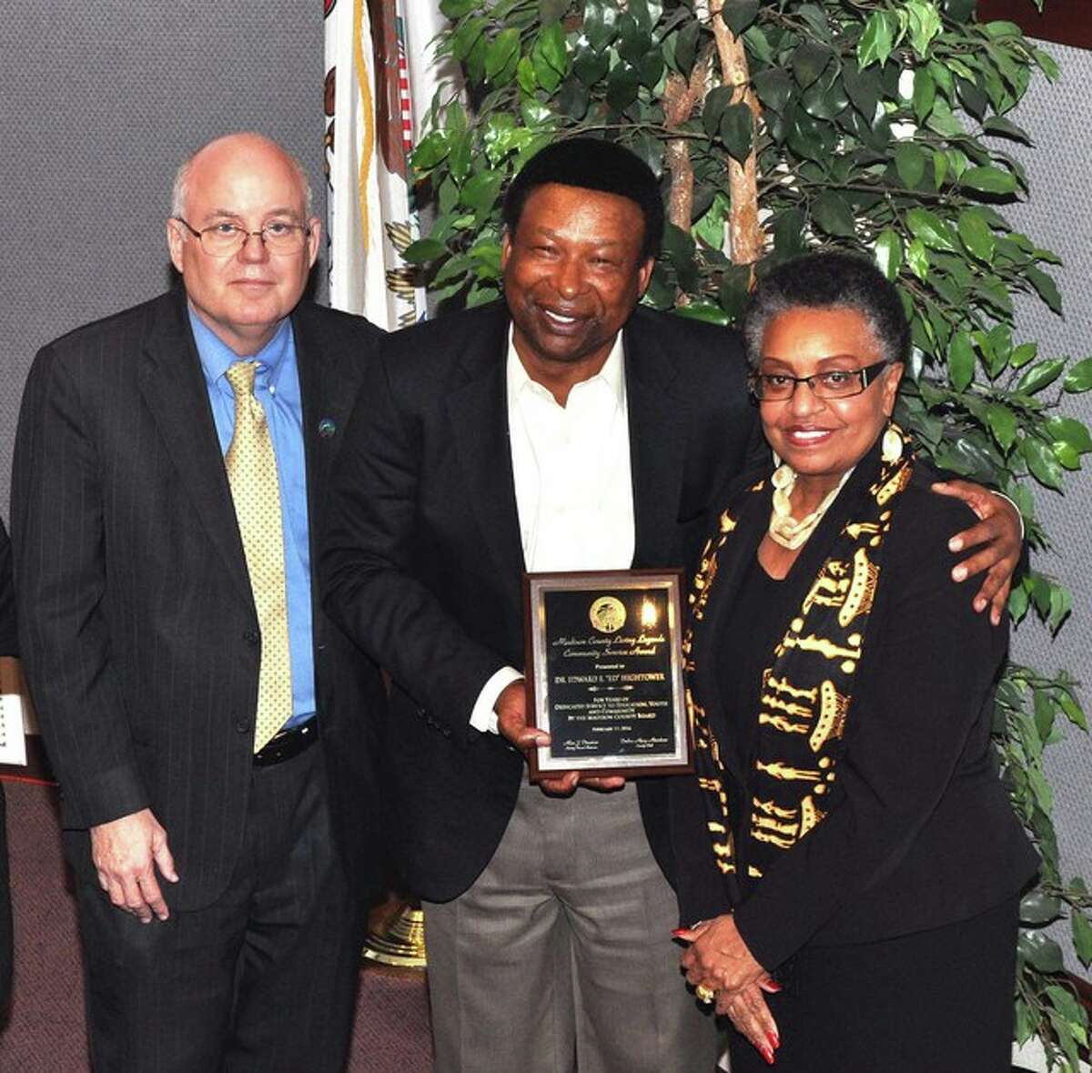 Dr. Ed Hightower, center, with Madison County Board Chairman Alan Dunstan and board member Gussie Glasper.