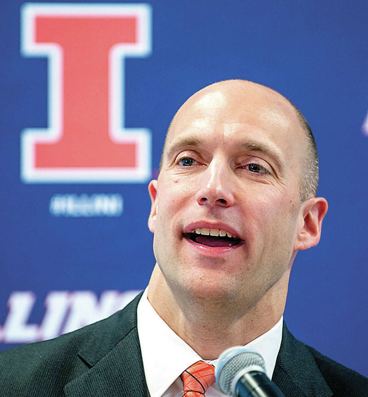 Josh Whitman, speaks after being announced as the new Illinois athletic director Thursday in Champaign. On Friday, Whitman met with Illini boosters and donors, as well as with the media at the Mannie Jackson Center for the Humanties in Edwardsville.