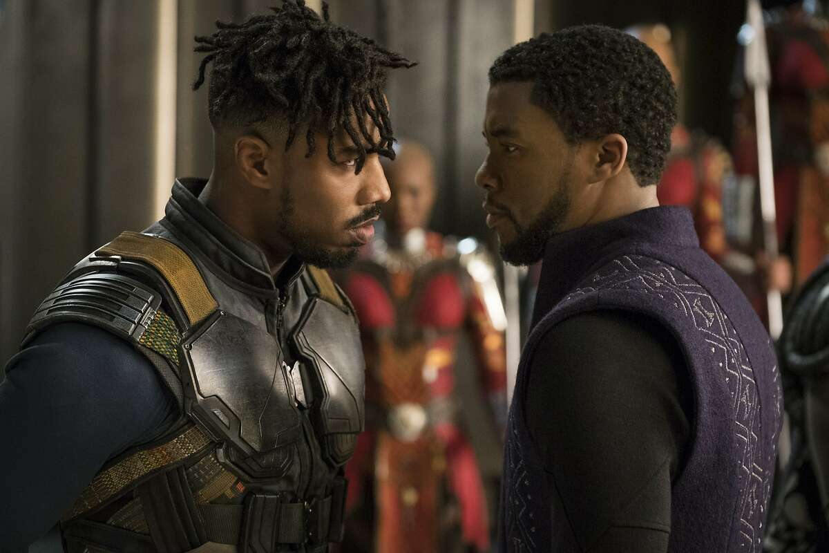 This image released by Disney shows Michael B. Jordan, left, and Chadwick Boseman in a scene from Marvel Studios' "Black Panther." (Matt Kennedy/Marvel Studios-Disney via AP)