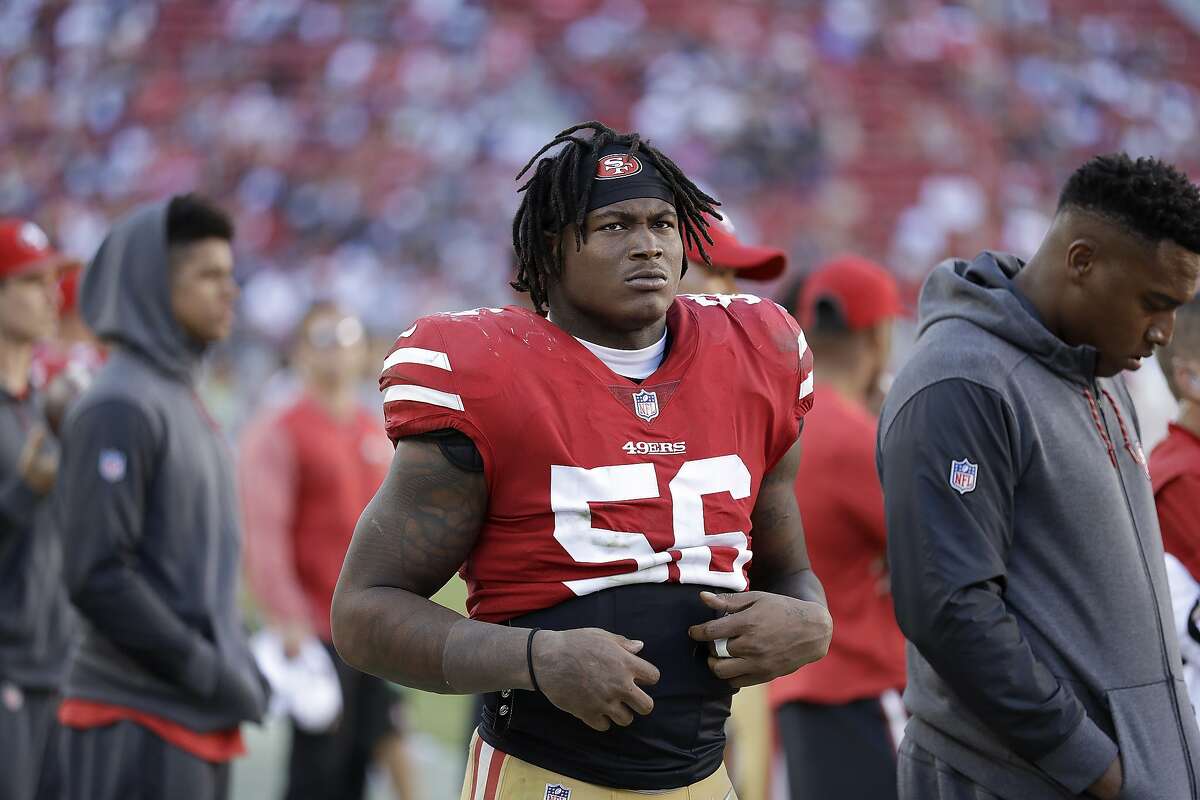 In this Oct. 22, 2017 file photo, San Francisco 49ers linebacker Reuben Foster (56) stands on the sideline during the second half of an NFL football game against the Dallas Cowboys in Santa Clara, Calif. Foster has been arrested in Mississippi and charged with second-degree possession of marijuana. AL.com says the Tuscaloosa County Sheriff's Office arrest database indicates Foster, who just finished his rookie season, was arrested Friday, Jan. 12, 2018. (AP Photo/Marcio Jose Sanchez, File)