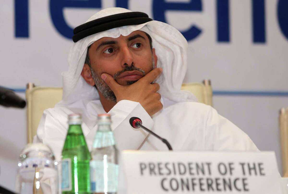 United Arab Emirates' Energy Minister Suhail Mohamed al-Mazrouei holds a press conference during the 7th Meeting of the Joint Ministerial Monitoring Committee in Muscat on January 21, 2018. Saudi Arabia's Energy Minister Khaled al-Faleh called for extending cooperation between OPEC and non-OPEC oil producers beyond 2018 after a deal to shore up crude prices. / AFP PHOTO / MOHAMMED MAHJOUBMOHAMMED MAHJOUB/AFP/Getty Images