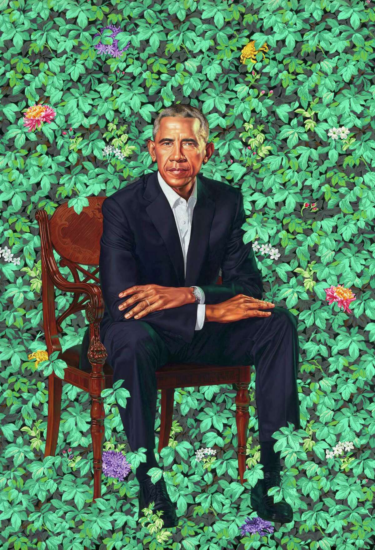Former President Barack Obama's portrait by Kehinde Wiley, oil on canvas, unveiled at the National Portrait Gallery in Washington. (