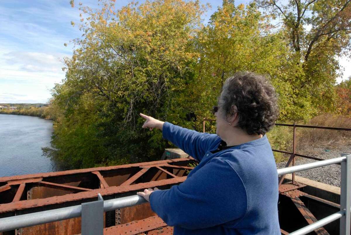 Front Street resident Mary Ann Ruscitto points to land along the Mohawk River that had been proposed for the Stockade Harbour waterfront residential community in Schenectady. (Michael P. Farrell / Times Union)