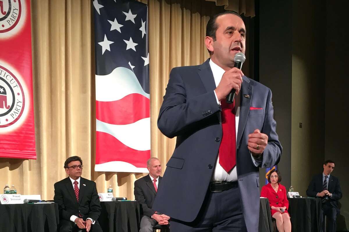 Peter Lumaj speaks during the Connecticut GOP Gubernatorial Debate held in Hebron, Conn. Jan. 10, 2018.