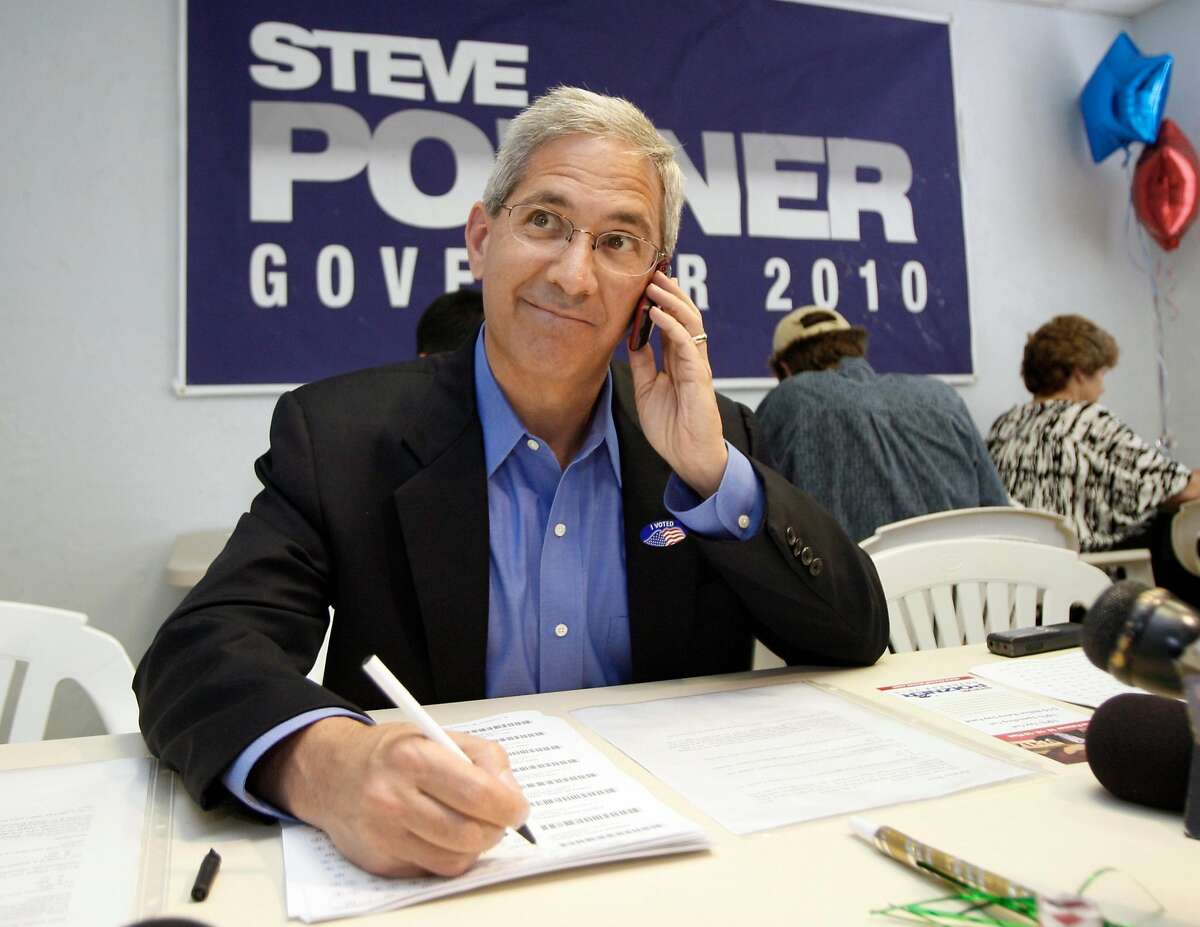 Steve Poizner, candidate for the Republican nomination for governor in the California primary, talks to a voter at a campaign phone bank in Torrance, Calif., on election day Tuesday, June 8, 2010. (AP Photo/Reed Saxon)