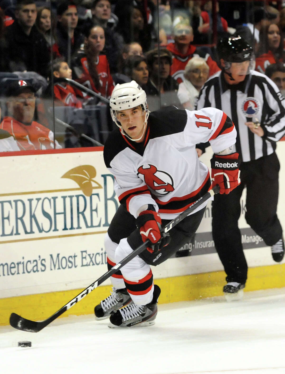 Albany Devil's Bobby Butler (11) looks to shoot during their hockey game against the Manchester Monarchs on Saturday, Oct. 13, 2012, at Times Union Center in Albany, N.Y. (Cindy Schultz / Times Union)