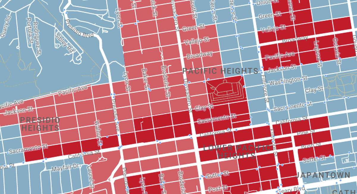 Pacific Heights "transit gap" neighborhoods, according to the nonprofit AllTransit's "Gap Finder" tool.