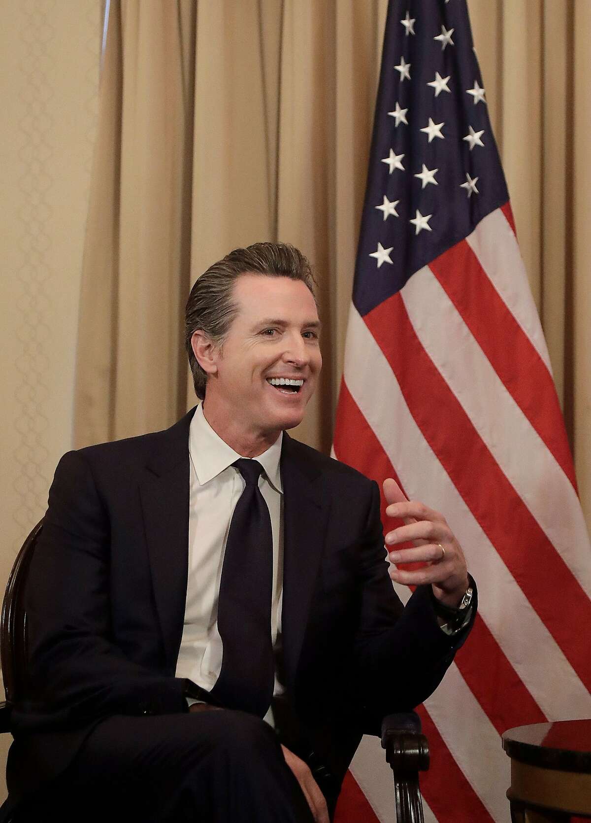 SAN FRANCISCO, CA - FEBRUARY 9: California Lieutenant Governor Gavin Newsom smile while meeting with Canada's Prime Minister Justin Trudeau on February 9, 2018 in San Francisco, California. Trudeau is in California to discuss the North American Free Trade Agreement and to promote Canada to technology firms. (Photo by Jeff Chiu-Pool/Getty Images)
