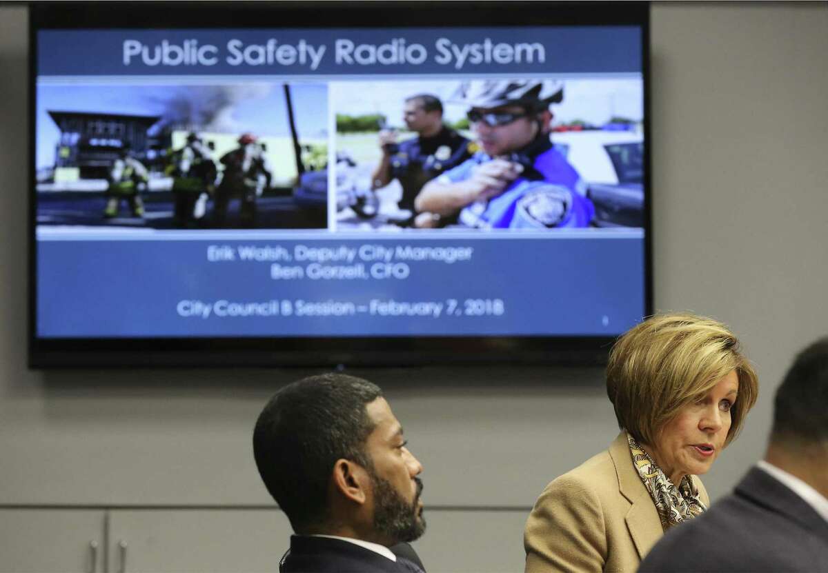 City Manager Sheryl Sculley briefs City Council on a proposal for a newly updated communications system for Fire, Police and City Public Service during a B Session meeting on Wednesday, Feb. 7, 2018. The contract for the city's update to public safety's communication system which is valued at $100 million is down to two companies: Central Electric and Dailey-Wells. The council will vote to approve either contractor on February 15. (Kin Man Hui/San Antonio Express-News)