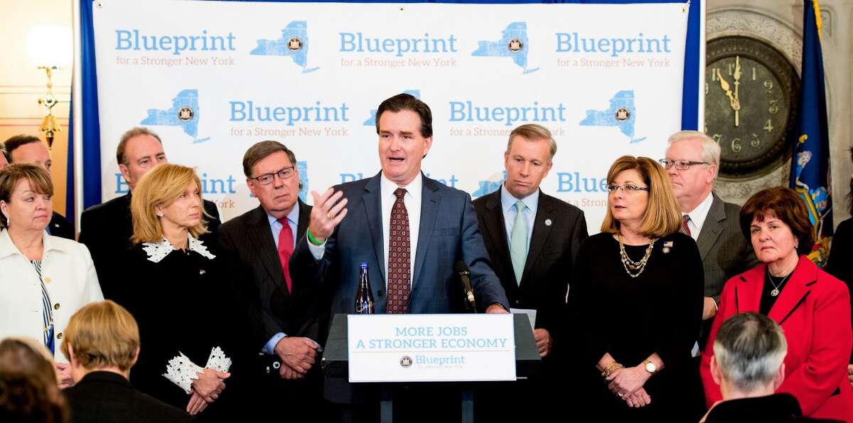 Senate Majority Leader John Flanagan leads a press conference Tuesday where he and others in the Senate discussed the GOP plan to cut taxes in the state and curtail the Start-Up NY program.