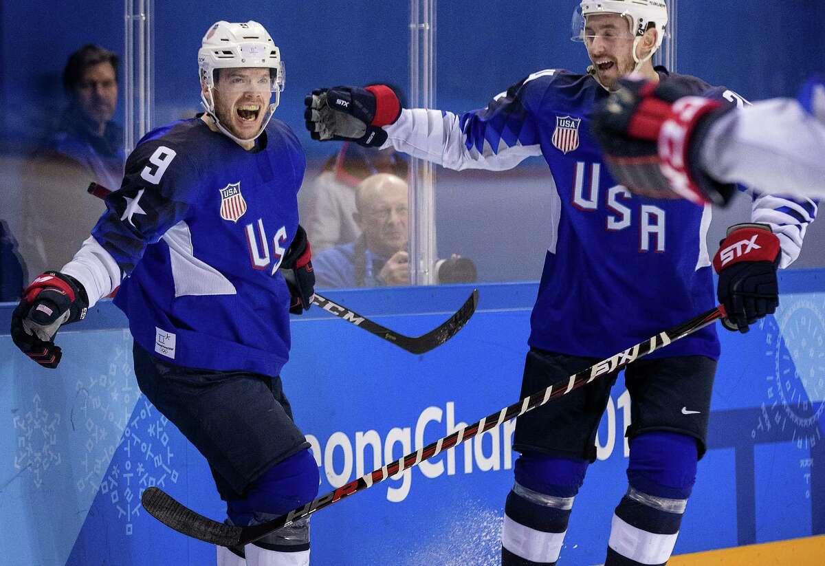 Men's Hockey, Kwangdong Hockey Center, USA vs. Slovenia.Brian O'Neill celebrated after scoring a goal in the first period, on February 14, 2018, at the Winter Olympics in South Korea, Pyeongchang. (Carlos Gonzalez/Minneapolis Star Tribune/TNS)