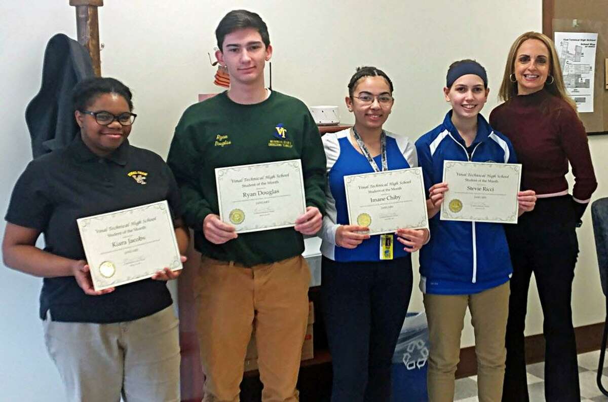 Vinal Technical High School students honored in January are, from left, Kiara Jacobs, Ryan Douglas, Imane Chiby, Stevie Ricci and Principal Niki Menounos.