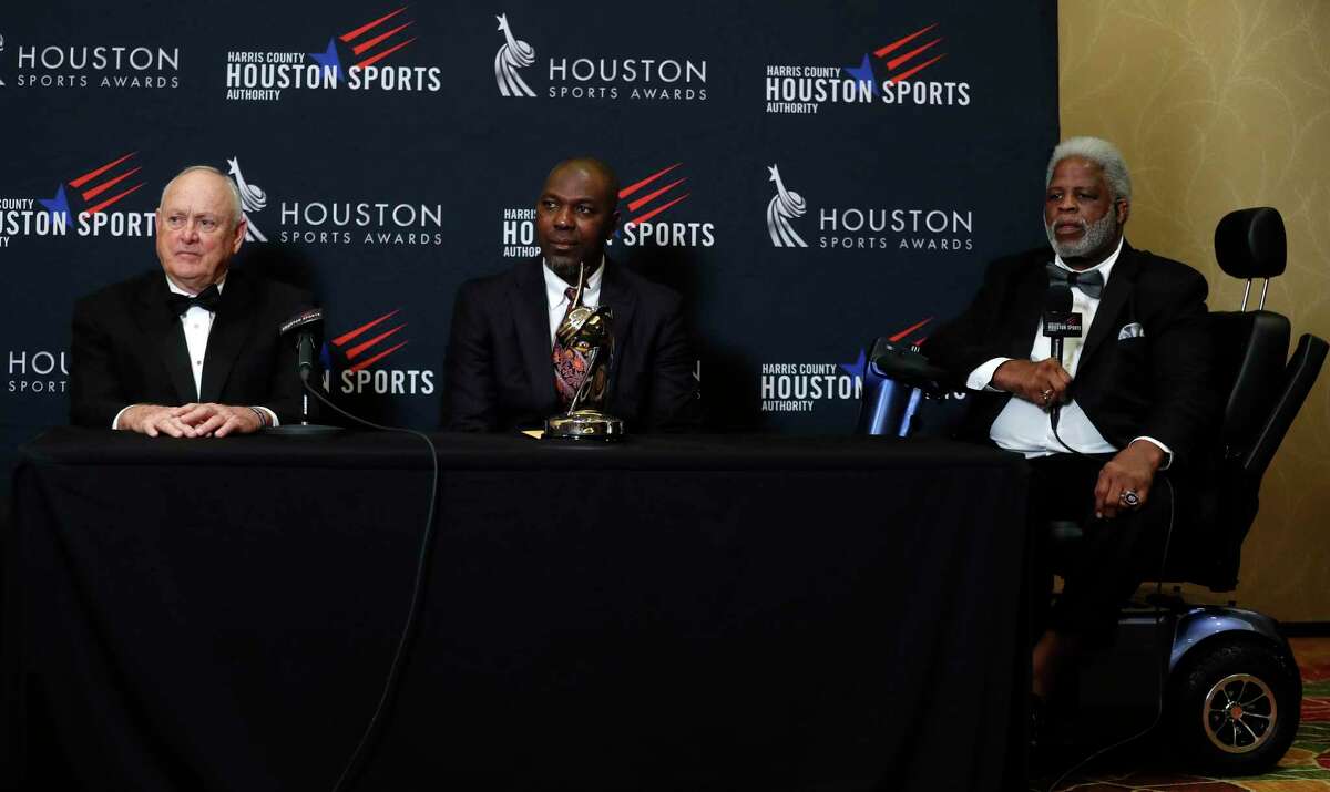 Houston's 34s Nolan Ryan, Hakeem Olajuwon, and Earl Campbell together during a press conference after the Houston Sports Awards at the Hilton Americas, Thursday, Feb. 8, 2018, in Houston. ( Karen Warren / Houston Chronicle )