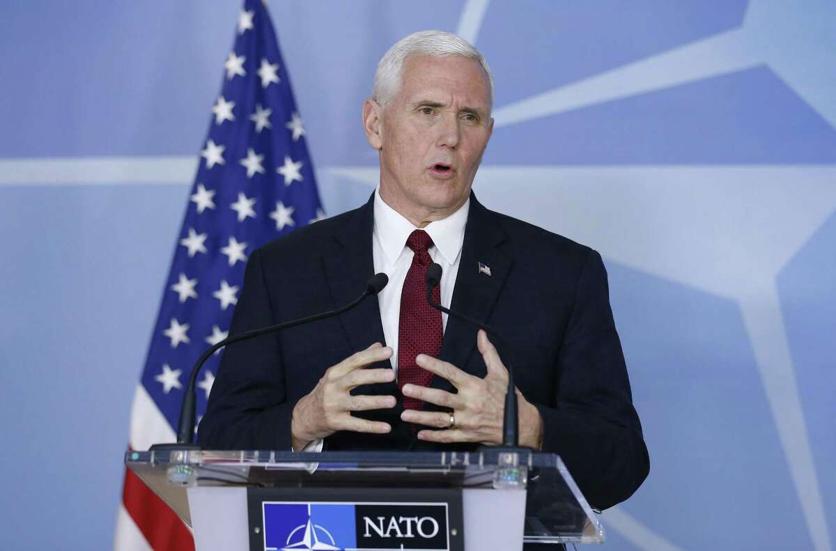 U.S. Vice President Mike Pence, seen in Brussels, Belgium in 2017, is scheduled to deliver keynote remarks at a Republican National Committee donor luncheon in San Antonio on Friday.