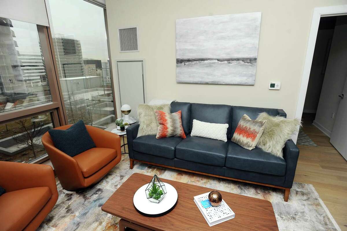A living room in a two-bedroom, apartment inside Atlantic Station, the new 325-apartment building at the corner of Atlantic Street and Tresser Boulevard in downtown Stamford, Conn.