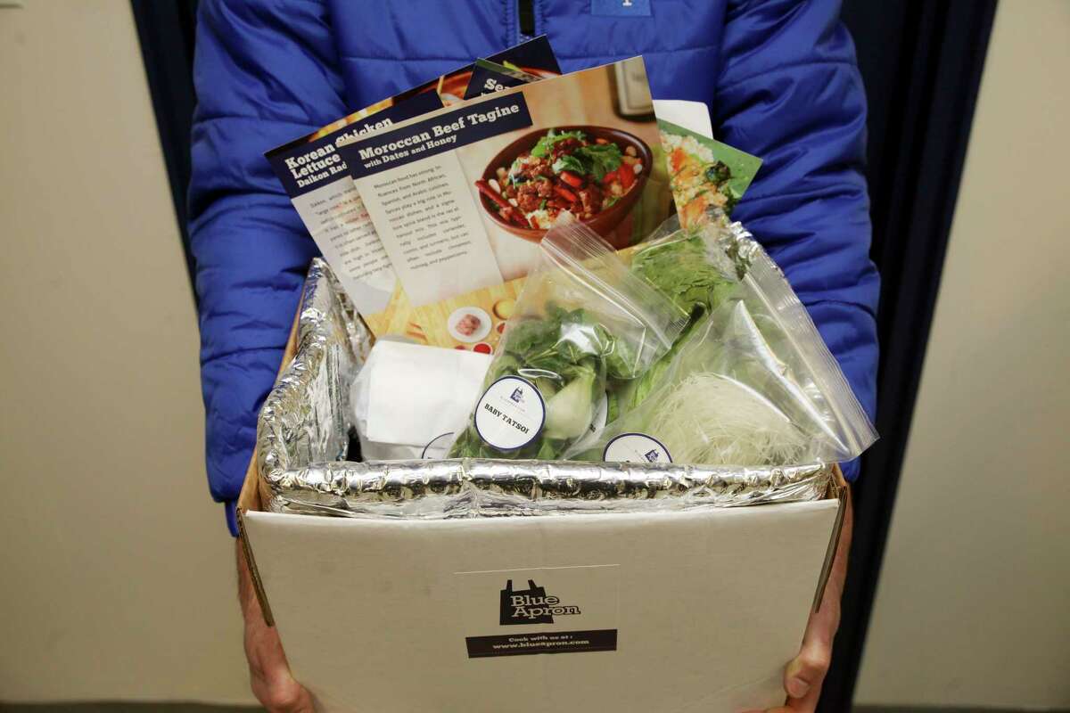 A Blue Apron box is shown at the companyÂs warehouse in Brooklyn, Jan. 12, 2013. The Trump administration compared its proposed ÂHarvest BoxÂ for food stamp recipients to the selections sent out by Blue Apron. (Hiroko Masuike/The New Yor