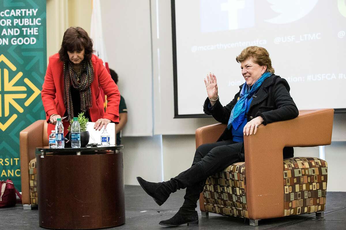California gubernatorial candidate Delaine Eastin, a former California State Superintendent of Public Instruction, waves to the crowd after sitting down to participate in the forum series �The Second Most Important Job in America," which was moderated by Carla Marinucci (left) at University of San Francisco in San Francisco, Calif., on Thursday, February 15, 2018.