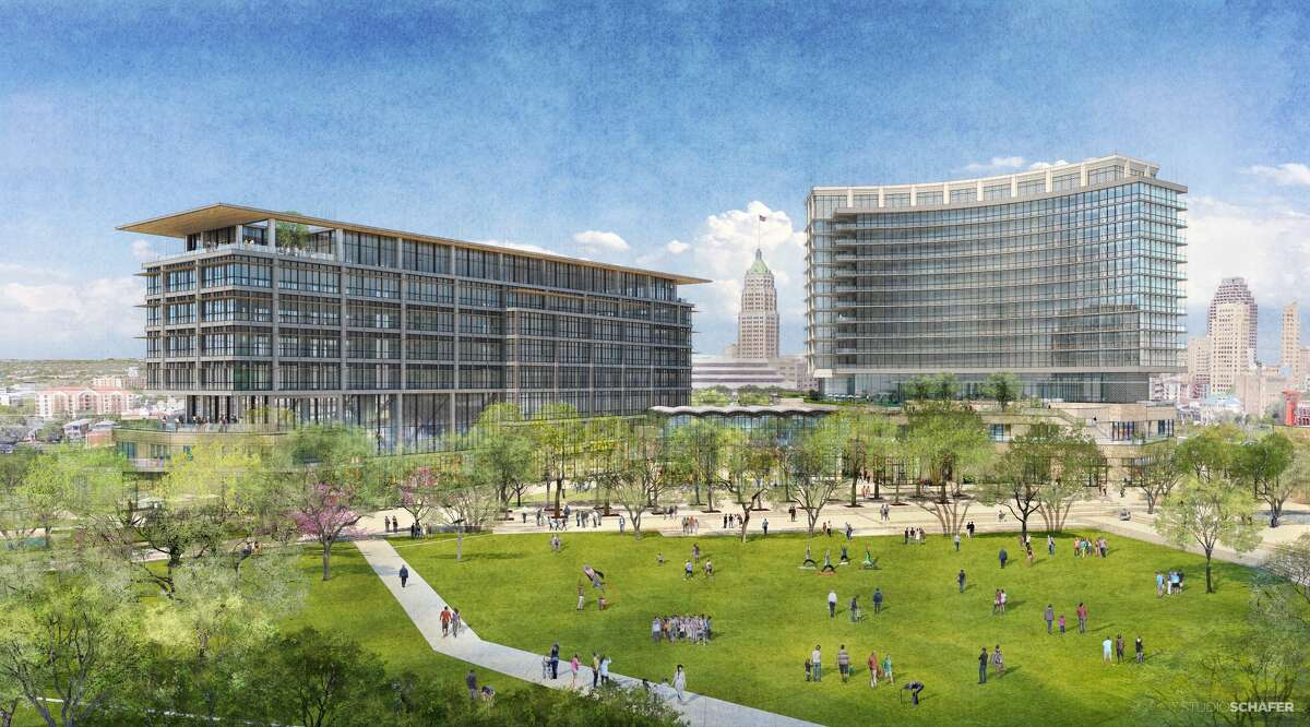Renderings show San Antonio developer Zachary Corp.'s first designs for a $200 million mixed-use project at the Hemisfair.