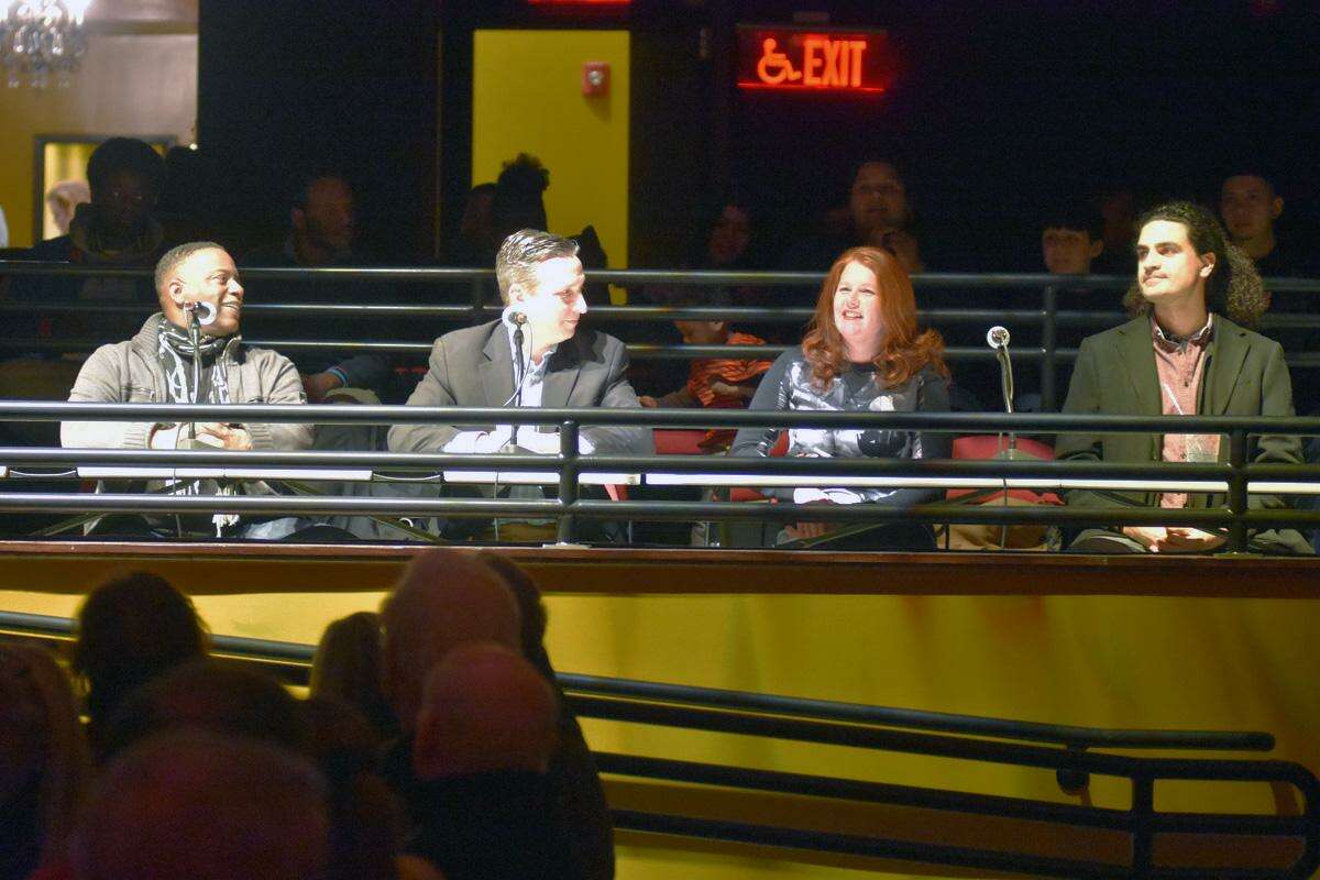 Celebrity judges in the spotlight at a recent talent show at the Wall Street Theater featured (left-right) musician Dennis Collins, state Sen. Bob Duff, Wall Street Theater president Suzanne Cahill, and comedian Beecher.