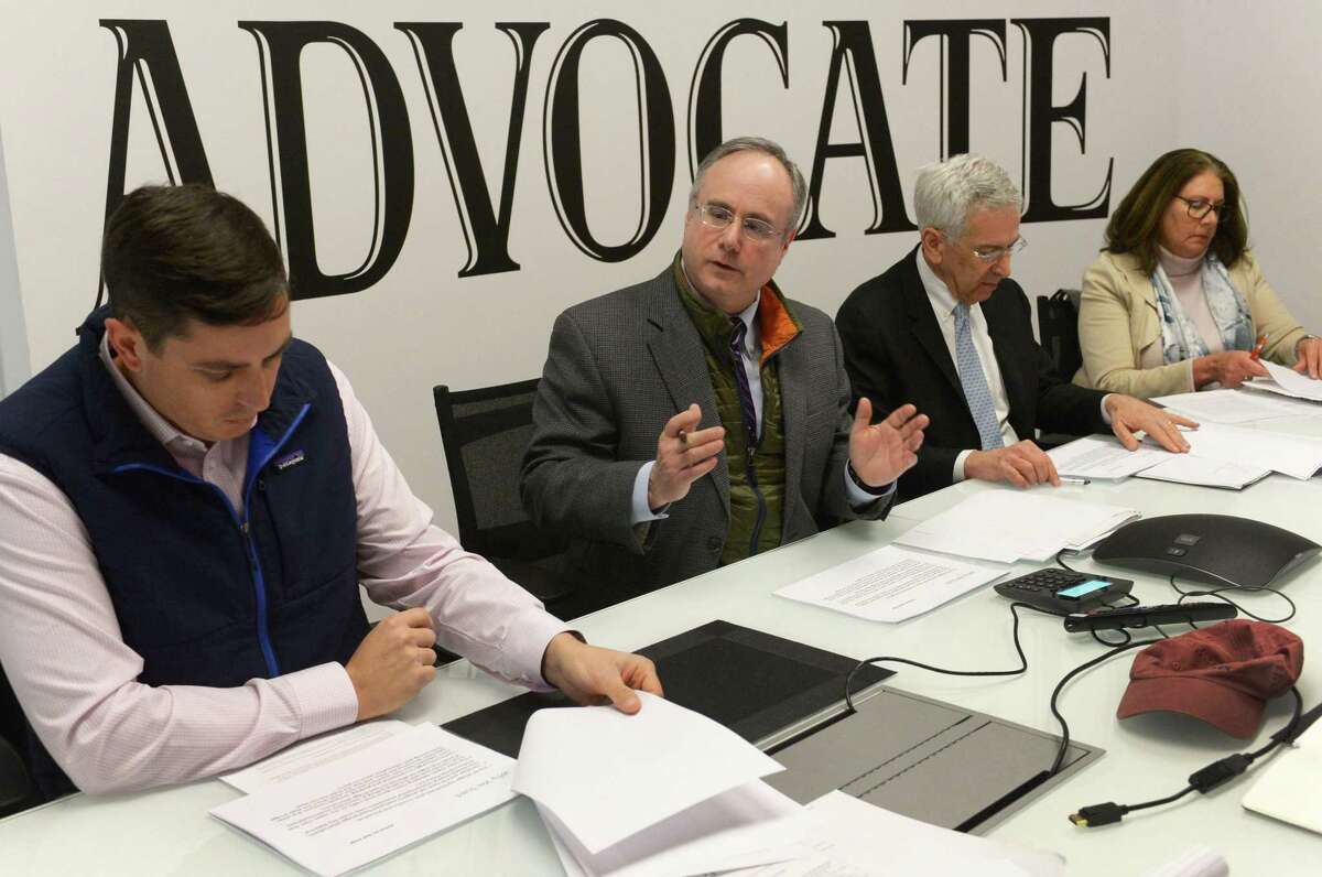 Members of the Norwalk Harbor Keeper group, including Patrick Sikes, Consultant Jon Cohen, Fred Krupp and Robin Penna, meet with reporters during an editorial board meeting at The Norwalk Hour Wednesday, February 14, 2018, in the Hearst Connecticut Media Group offices in Norwalk, Conn. The Norwalk Harbor Keeper group is suing the state and federal DOTs over the Walk Bridge replacement process.