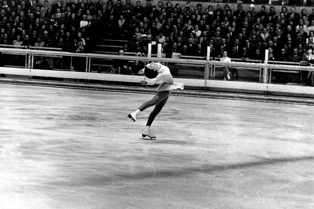 Peggy Fleming, USA, performs in the women's free skate competition in Grenoble, France, on Feb. 10, 1968 at the X Winter Olympic Games. The 19-year-old student from Colorado Springs, Col., won the gold medal. (AP Photo)