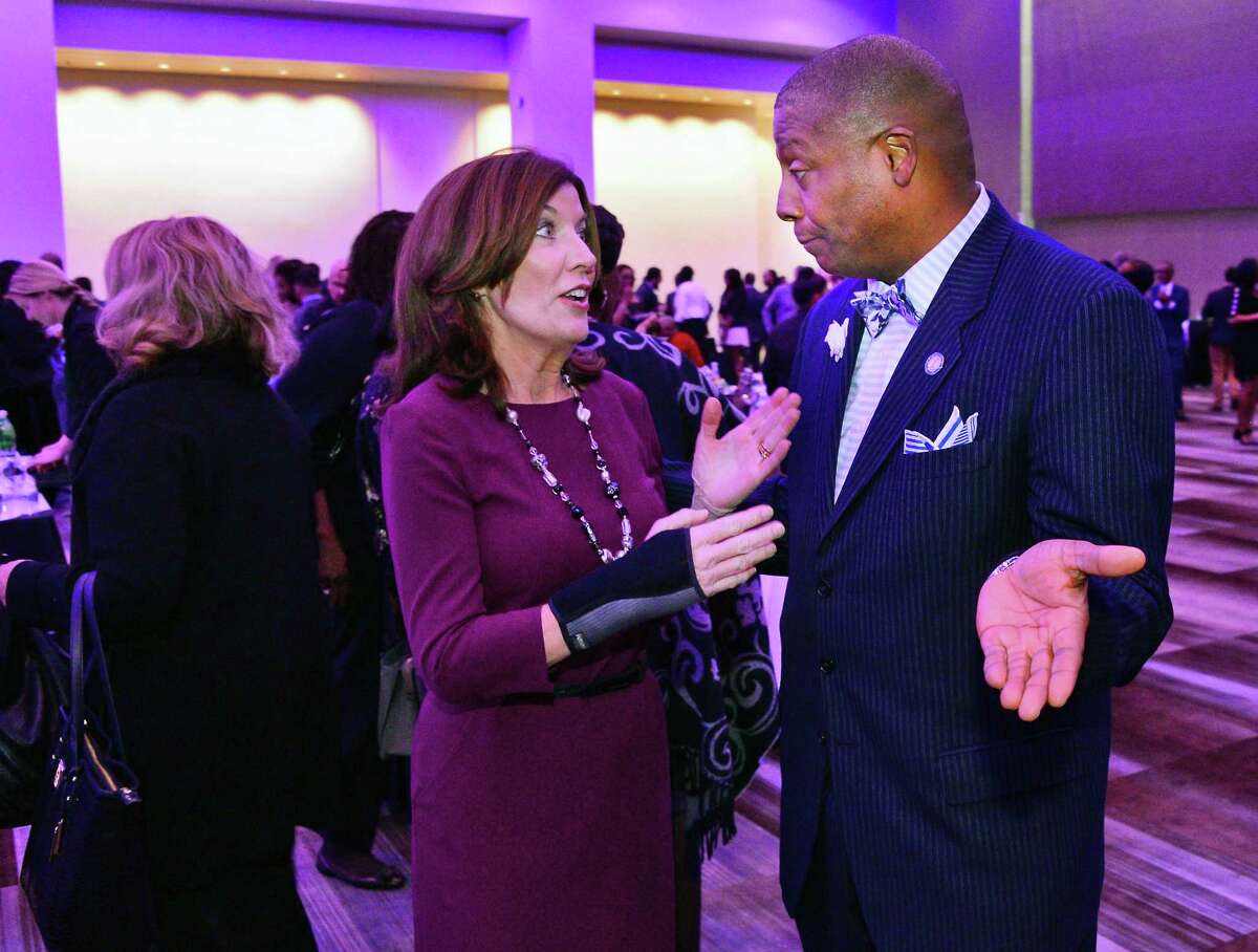 Then-Lt. Gov. Kathy Hochul and Sen. James Sanders during a reception for the NYS Association of Black and Puerto Rican Legislators in 2018. A staff attorney for Sanders is facing eviction from an Albany residence for alleged failure to pay rent. (John Carl D'Annibale/Times Union)