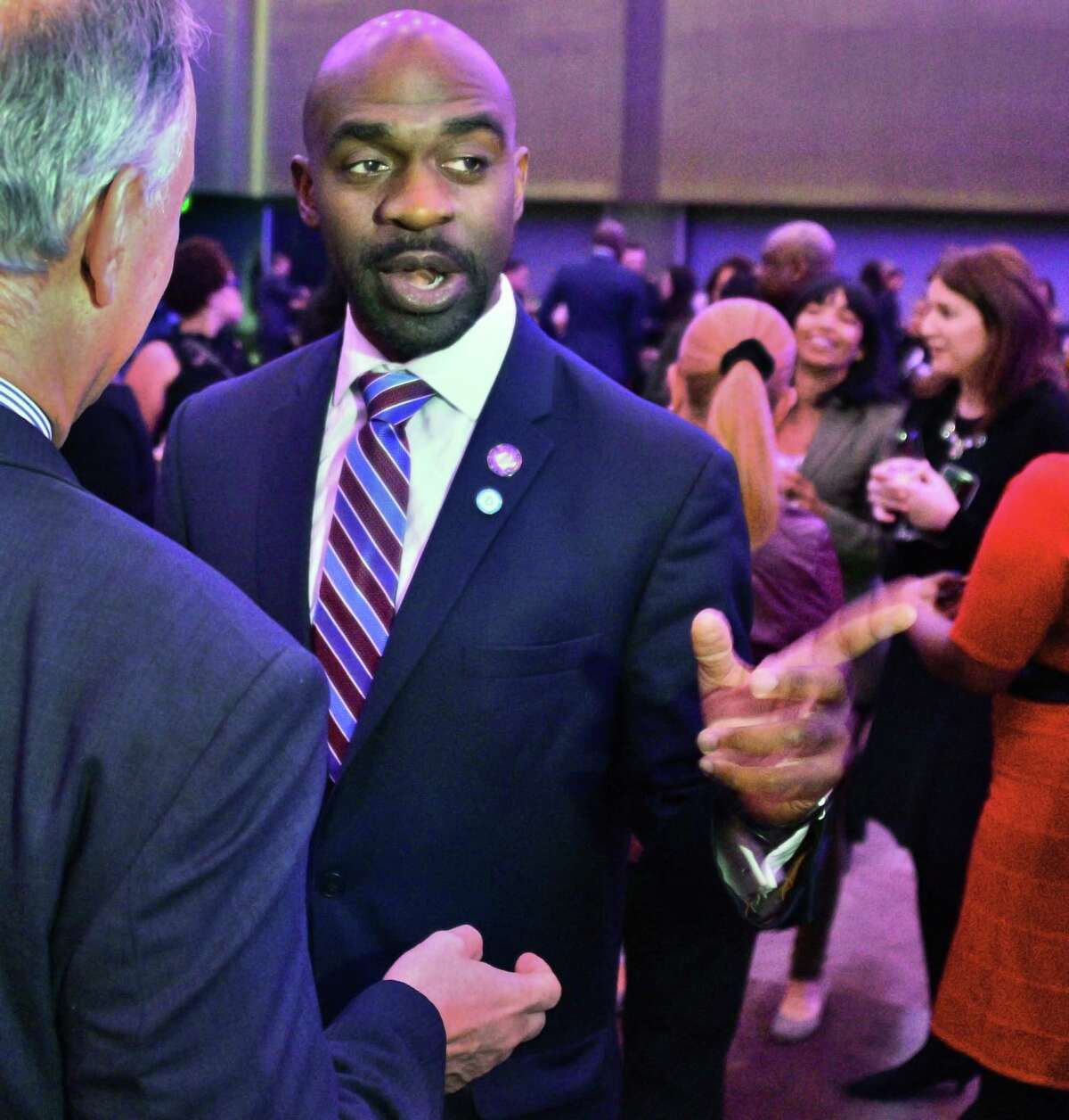 Assemblyman Michael Blake speaks with attendees during a reception for the NYS Association of Black and Puerto Rican Legislators' (NYSABPRL) 47th Annual Legislative Conference at the Albany Capital Center Friday Feb. 16, 2018 in Albany, NY. (John Carl D'Annibale/Times Union)