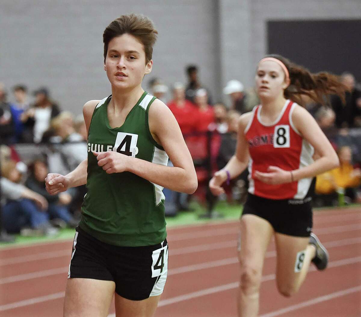 Guilford junior Meredith Bloss placed second in the 3200 meter run in 11:08.05 at the CIAC Indoor Track & Field State Open, Saturday, Feb. 17, 2018, at Floyd Little Athletic Center at Hillhouse High School in New Haven.